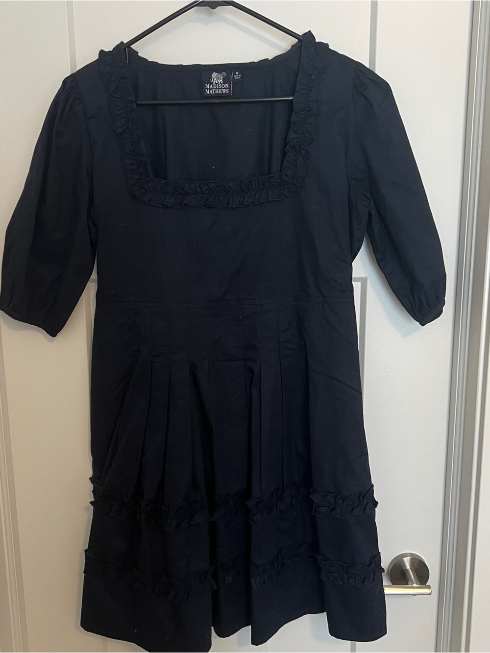 Madison Mathews Navy Blue Square-Neck Ruffle Dress size medium